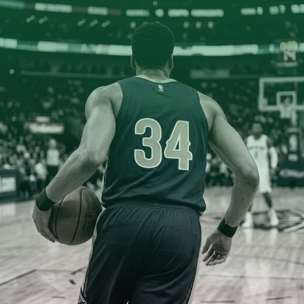 Basketball player Anthony Davis in jersey 34 dribbling on court